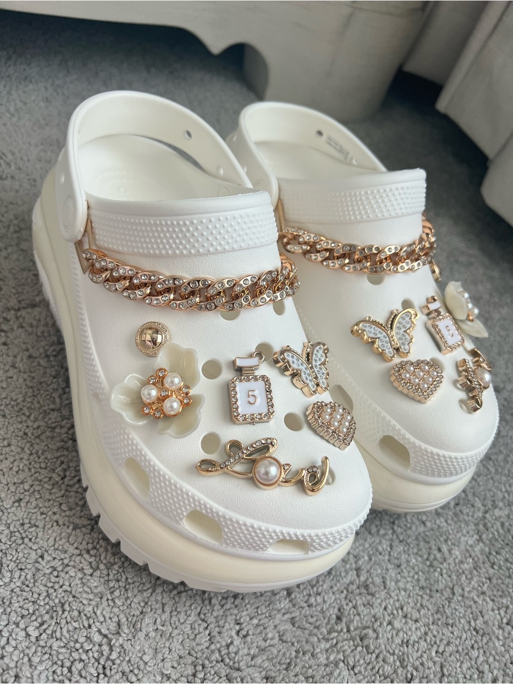 CROCS White Platform Clogs with Gold Rhinestone Charms